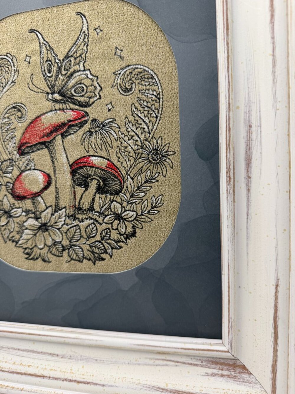 Homemade Butterfly On Mushroom Framed 8X10 Embroidery Art - Picture 3 of 5